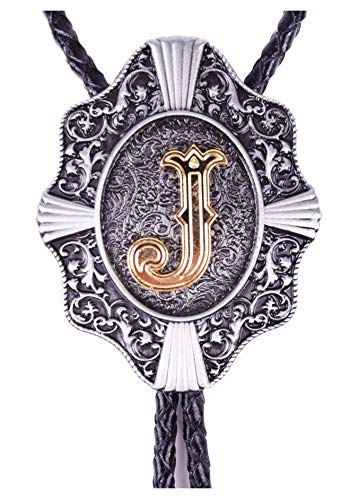 Moranse Golden Initial A to Z in Flower Nursery Cowboy Bolo Tie with Cowhide Rope(J)