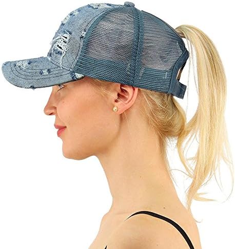 Alljoin Ponytail Baseball Cap Hat Ponycap Messy High Bun Ponytail Adjustable Mesh Trucker Baseball Cap Hat for Women Men Girl (Blue Cowboy-1#)