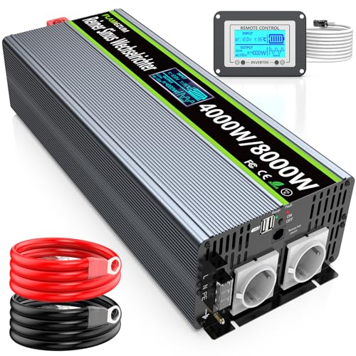 4000W/8000W Power Inverter 12 V 220 V Pure Wave Voltage Transformer Converter Voltage Inverter - 2 EU Socket with USB Output Remote Control Suitable for Refrigerators, Electric Saw