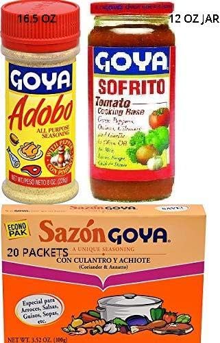 Adobo Seasoning with Pepper 16.5oz Sazón with Coriander and Annatto 20CT, Sofrito Cooking Base 12 Oz Jar