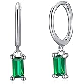 Dainty Dangle Hoop Earrings with Baguette CZ for Women Girls, Sterling Silver Small Huggie Earring with Cubic Zirconia Charm