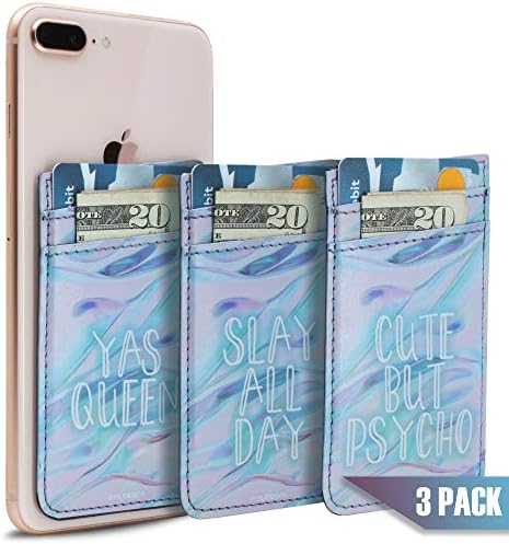 [3-Pack] Cell Phone Card Holder from OmyBloom, Stick-On Wallet ID Card Sleeve, 2-Slot PU Leather Phone Pocket with 3M Adhesive - Holographic Quotes
