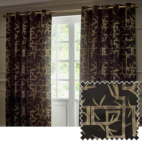 Paoletti Bamboo Coppia Di Tende Con Occhielli - Tende Di Lusso Jacquard Geometriche Oscuranti Foderate (Nero - 168x229cm)