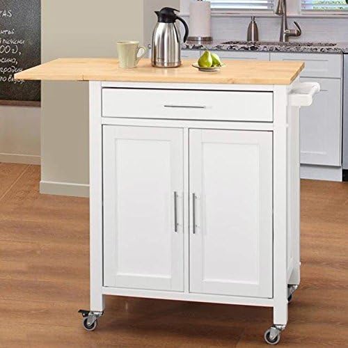 Drop Leaf Kitchen island with Natural Wood Top,Locking Casters and Towel Bar Made w/ MDF Wood in White 37.4'' H x 35'' W x 18.9'' D