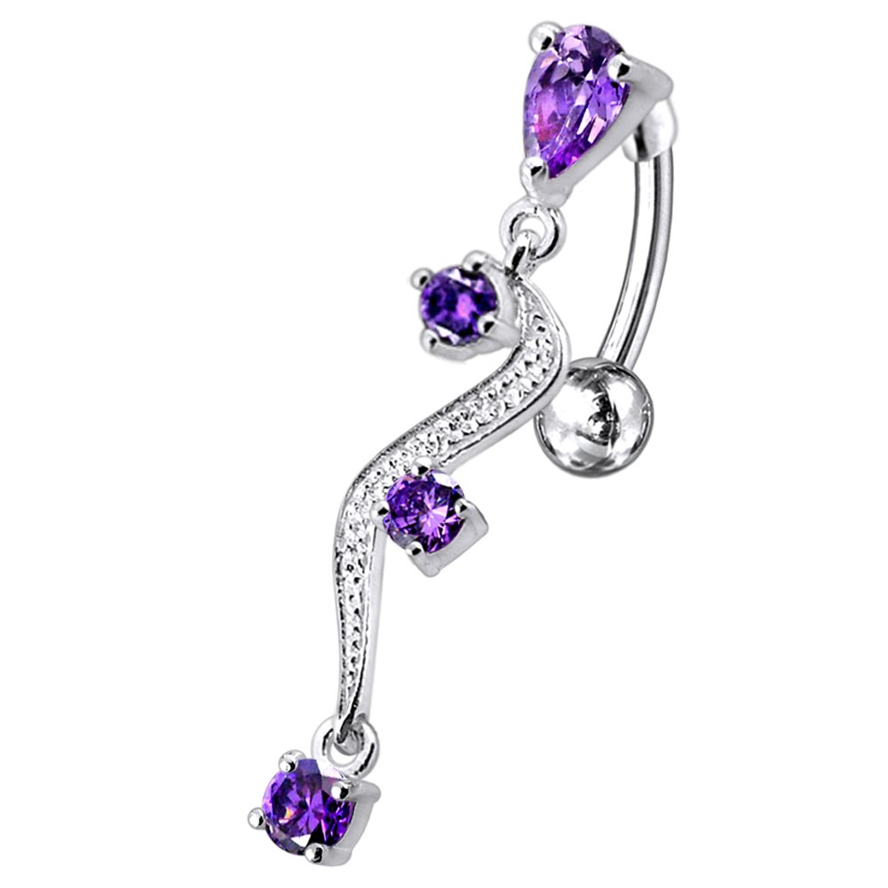 CZ Crystal Stone Curved Branch Dangling Reverse Bar 925 Sterlingl Silver Belly Ring Body Jewelry