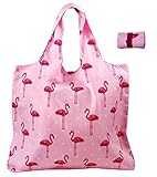 BeeGreen Reuable Bags Grocery Roll Up w Elastic Ribbon,Fashion Printing Pattern Design, Compact, Washable, Durable and Lightweight (Flamingo)