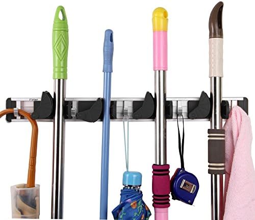 TRIEtree Mop and Broom Holder,4 Position with 5 Hooks Wall Mount Hanger Storage Organizer Rack for Kitchen Garden Garage Laundry Room