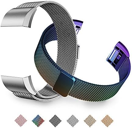 Tecson Magnetic Bands Compatible Fitbit Charge 2 (Pack of 2), Stainless Steel Metal Milanese Replacement Strap with Magnet Lock for Fitbit Charge 2, Colorful and Silver