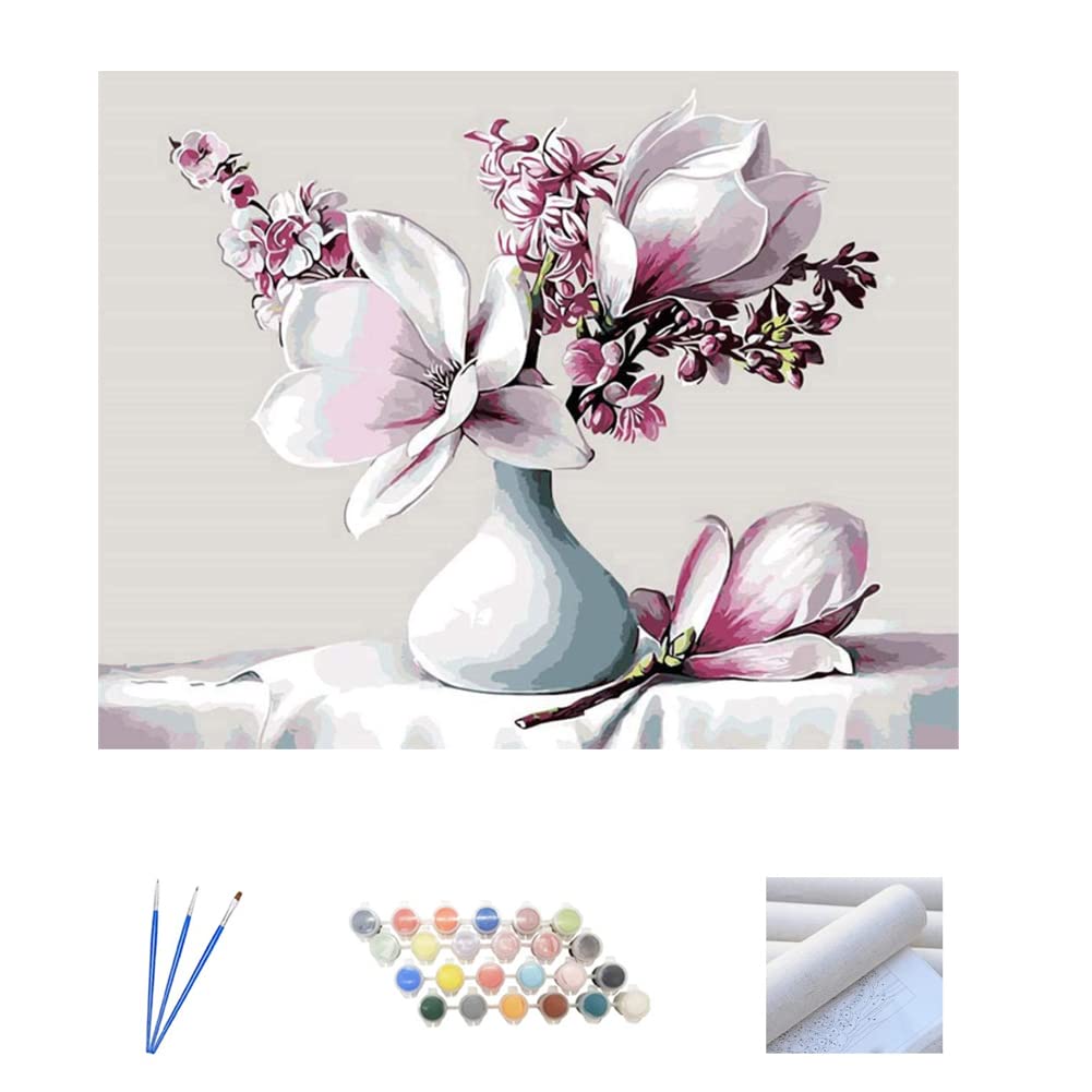 ABEUTY DIY Paint by Numbers for Adults Children, Magnolia Flower in The Bottle 16x20 inches Number Painting Art Therapy