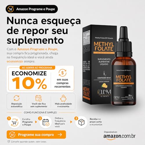 Vitamina B9 Metilfolato em Gotas Sublingual 30 mL ELLYM NUTRITION Sabor Laranja O Ácido Fólico Auxilia na Formação do Tubo Neural do Feto Durante a Gravidez (30 mL)