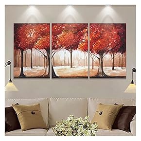 3 Piece Canvas Wall Art - Abstract Red Leaves Trees - Watercolor Painting Style Modern Home Art - 16"x24"x3 Panels