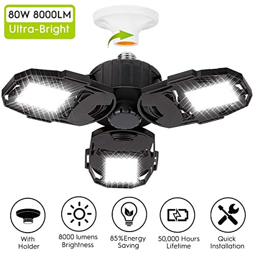 LED Garage Lights, 80W Deformable Garage Ceiling Light 8000LM E26 Basement Lights with 3 Adjustable LED Panels 270° – Fits for Garage, Warehouse, Barn, Workshop and Yard (NO Motion Activated)