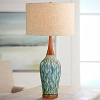 Rocco Mid Century Modern Table Lamp Ceramic Blue Teal Glaze Wood Handmade Linen Drum Shade for Living Room Family Bedroom - 360 Lighting