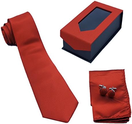 SILKEN Solid Color Necktie Cufflinks Pocket Square Set with Gift Box Wedding Business Men (Red)