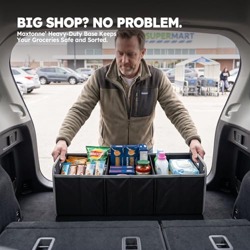 Maxtonne Car Boot Organiser, Heavy-Duty 600D Oxford Collapsible Storage Box with 3- Compartments & Securing Straps, Foldable Tidy for SUV/Hatchback/Estate Car (50L)
