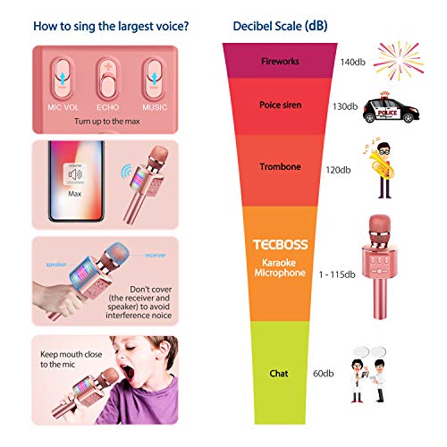 TECBOSS Microphone for Kids, Wireless Bluetooth Karaoke Microphone with LED Lights, The Best Gifts Toys for 4 6 8 10 12 Year Old Girls Boys - Thumbnail 5