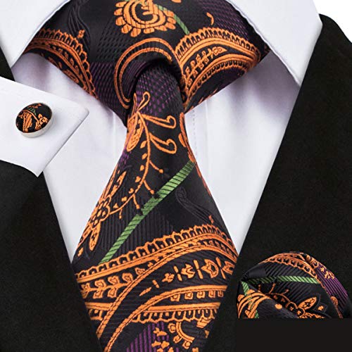 YOHOWA Mens Orange Black Silk Tie Pocket Square Paisley Necktie Cufflinks Set
