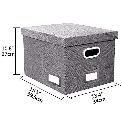 File Organizer Box Set of 2 - Collapsible Linen Filing Boxes for Easy File Folder Storage- Handles and Removable Lid | Organize Your Documents and Hanging Files in Style