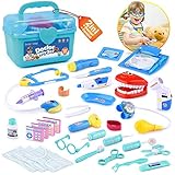BRITENWAY Educational Doctor Medical Pretend Play Toy Set in Storage Box 34 Pcs - Battery Operated Tools with Lights & Sounds - Promote Learning, Hand to Eye Coordination, Fine Motor Skills