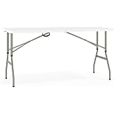 Flash Furniture 5 ft Plastic Bi-Fold Table, Granite White | Height Adjustable, Carrying Handle, Durable Construction, Commercial Use