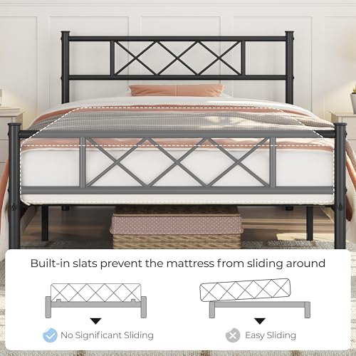 Yaheetech Twin Metal Platform Bed Frame Mattress Foundation with Headboard and Footboard No Box Spring Needed Under Bed Storage Steel Slats Black