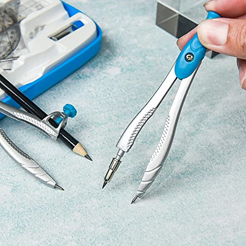Lifreer Math Compass for Geometry Set,10 Pcs Student Geometry Box Includes Storage Box, Rulers, Protractor, Compass, Eraser, Sharpener, Lead Refills, Pencil for Drafting and Drawings（Blue）