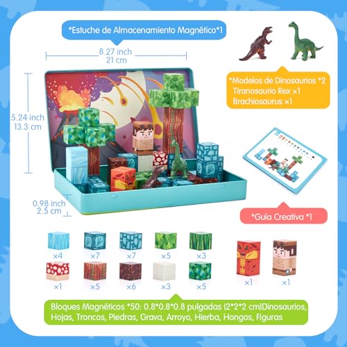 hahaland Bloques Magneticos Construccion Niños 52 Piezas, Cubos Magneticos con Temática de Bosque y Dinosaurios - Juguetes de Viaje Magnetic Blocks Construcciones Magneticas Niños para de 3 4 5 6 Años