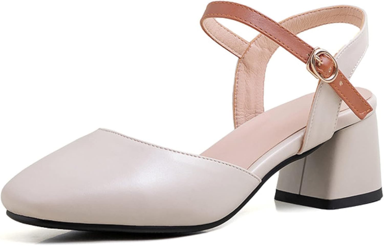 Leather Perforated Square Toe Chunky Heel Pumps Mary Jane Shoes