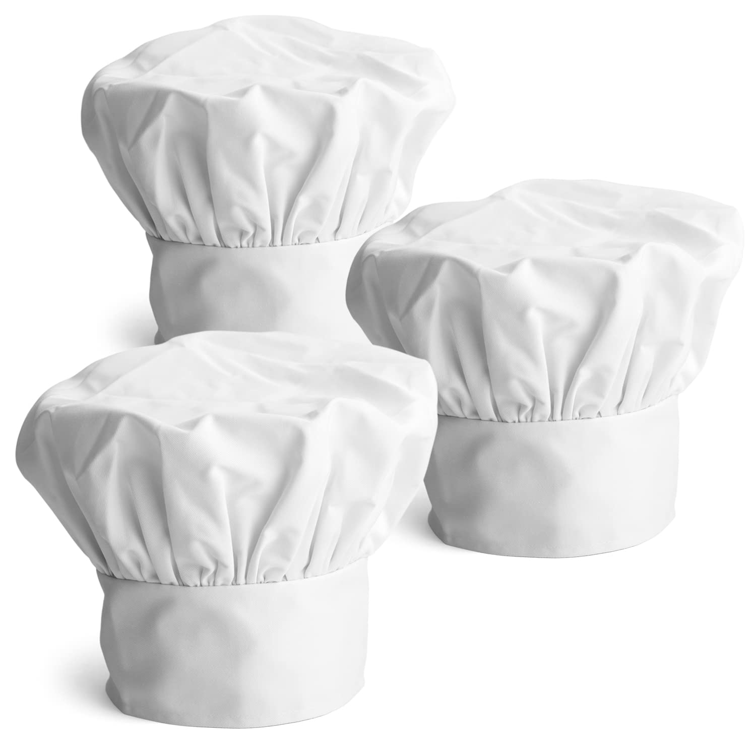 joeji's Kitchen 3 Pieces, Poly Cotton Chefs hat Adult, Elastic Adjustable Cooking Chef Hat - Catering Chef Cap Elastic Baker Kitchen Hats White