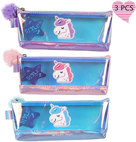 Set of 3 Pencil Bag, Cute Unicorn Design, Cute Pen Bag Stationery Pouch, Unicorn Pencil case, Personalized Hairball Zipper Stationery Bag for School Students Teens Kids Pencil Bag, Gift for Student