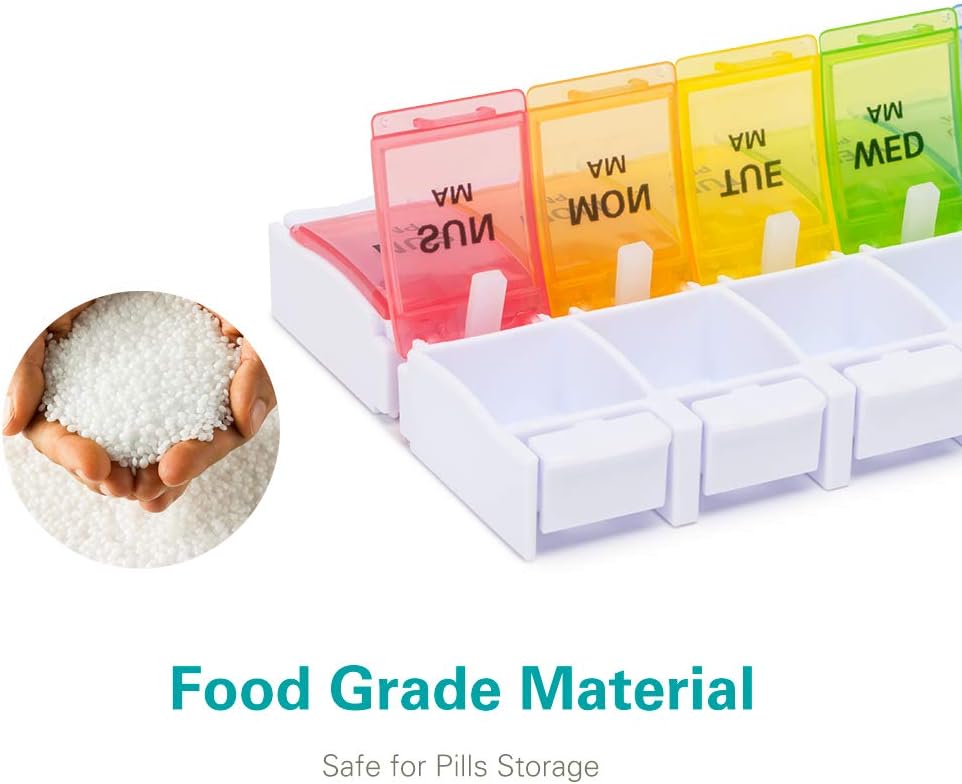 AM PM Weekly 7 Day Pill Organizer, Sukuos Large Daily Pill Cases Pill Box with Easy Push Button Design for Pills/Vitamin/Fish Oil/Supplements (Rainbow): Health & Personal Care