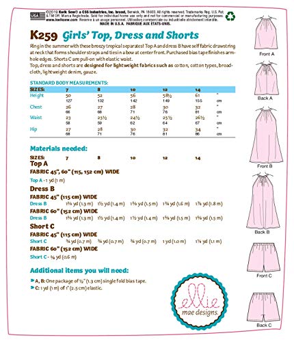 KWIK-SEW PATTERNS K0259A Kwik Girl's Shorts, Top, and Dress Sewing Patterns by Ellie Mae Designs, Sizes 7-14