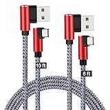 JCORD Right Angle Type C Cable Fast Charging 10ft 6ft 2 Pack 90 Degree USB C Cable Braided Quick Charge Cord & Data Sync for Samsung Galaxy S9 S8 Plus Note 9 8, Moto Z Z2, Nexus 6P/5X (Red Grey)