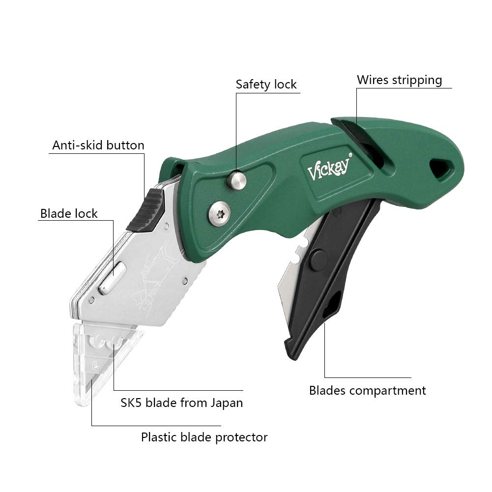 Folding Pocket Utility Knife - Quick Change SK5 Blades, Heavy Duty Box Cutter with Blades Compartment,Wires Stripping, 5 Positions Safe-Lock Design for Office, Home, Arts Crafts (Green)