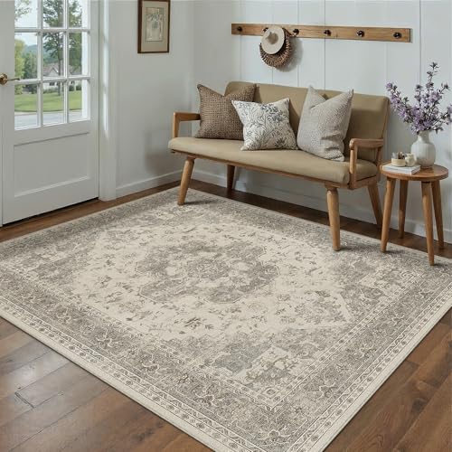 PureCozy Waschbarer Teppich Wohnzimmer 140x200cm Vintage Tepich,Beige Grau