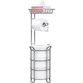 Toilet Paper Holder Stand with Shelf for Phone, Free Standing Tissue Roll Storage and Dispenser Rack for 4 Mega Rolls, Silver Gray