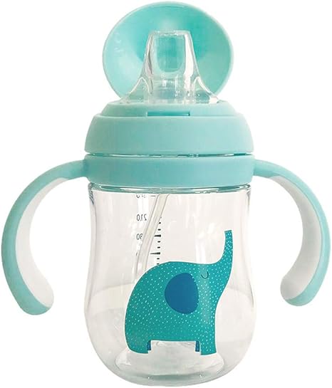 Amazon Co Jp 哺乳瓶 生後6ヶ月の哺乳カップ 260mlの飛散防止ボトル ゾウのアヒルの口のストローカップ ハンドル付きのかわいい青いカップ ホーム キッチン