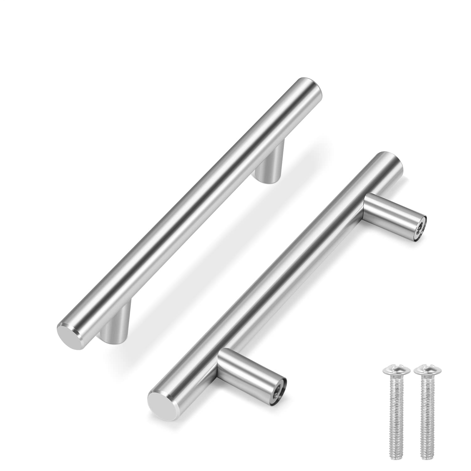 Flexzion 5 Pack Kitchen Cabinet Handles Silver Drawer Pulls 6 inch, 3.8 inch Hole Center, Solid Stainless Steel T Bar with Satin Brushed Nickel, Hardware for Kitchen Cupboard Door Bathroom Furniture