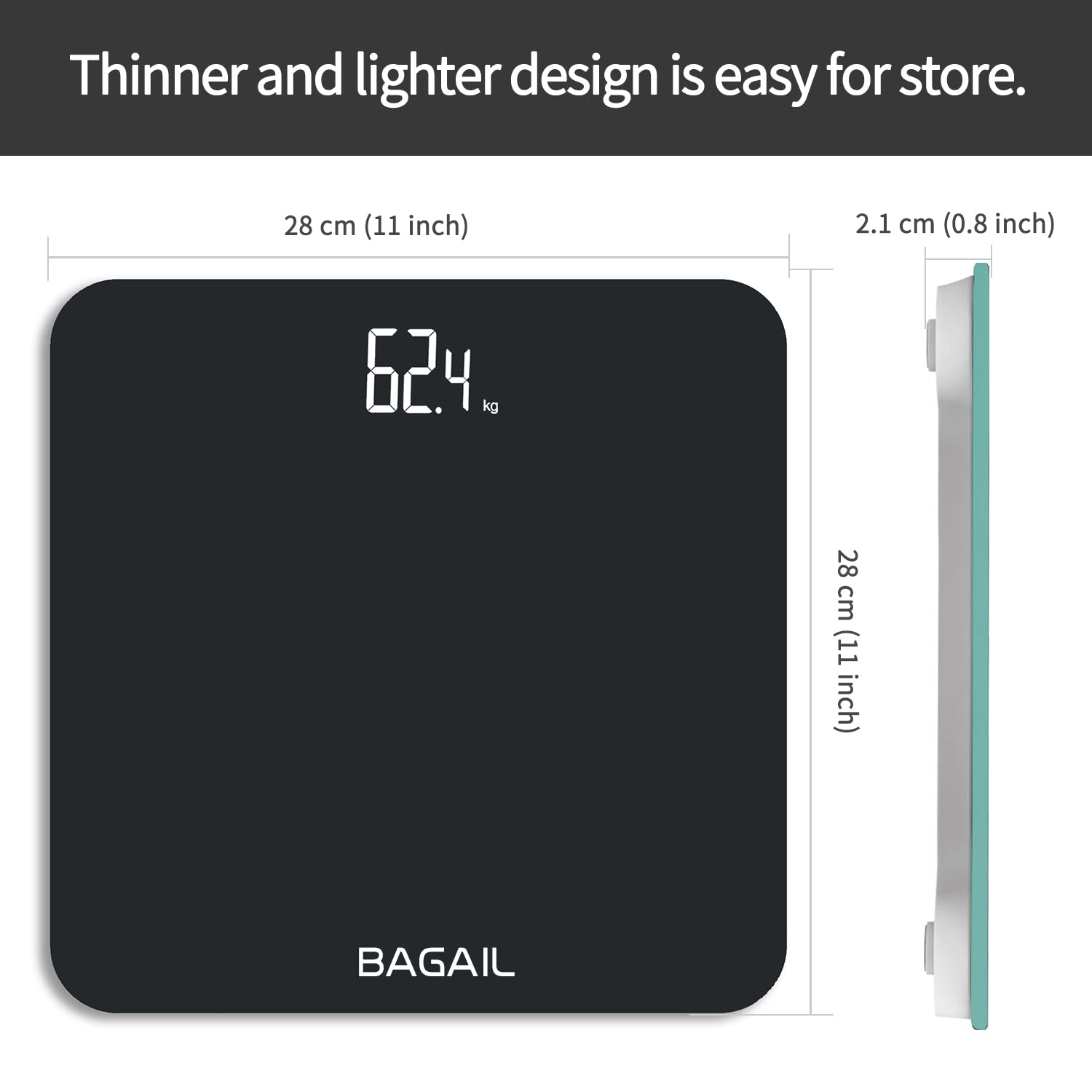 BAGAIL Bathroom Scale, Digital Weighing Scale with High Precision Sensors and Tempered Glass, Ultra Slim, Step-on Technology, Shine-Through Display - 15Yr Guarantee Black