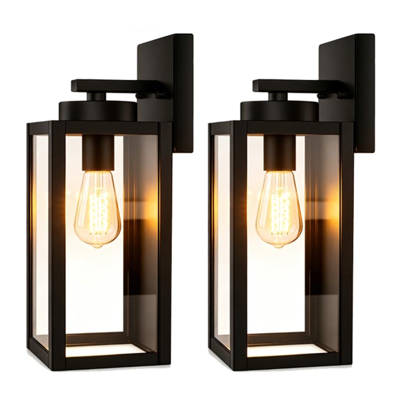 XZM Waterproof Outdoor Wall Light Fixture 2 Pack, Black Exterior Porch Light Wall Sconce with Clear Glass, Anti-Rust Weatherproof E27 Base for House Front Door Patio Garage Garden (2 Pack)