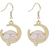 MALOYANVE Moon Cat Earrings for Women Cute Gold Plated Enamel Anime Cartoon Sleeping Animal Sailor Moon Cat Earrings Animal Carved Crescent Moon Earrings Jewelry Gifts