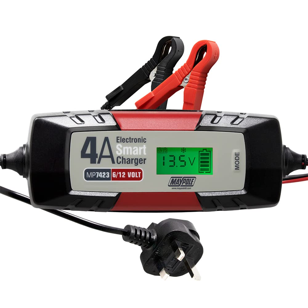 Maypole 4A Dual Voltage 6/12V Electronic Smart Car Battery Charger Fully Automatic 5 Stage Charging Cycle Lead Acid AGM