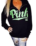 Huiyuzhi Women's Mix Color Long Sleeves Pullover Letters Printed Sweatshirt (S, Black-green)