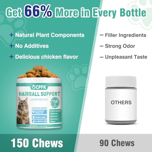 Cat Hairball Remedy Treats, 150 Soft Chews Cat Hair Ball Treatment Furball Control Relief Helps Eliminate and Prevent Hairballs for Indoor Cats Supports Skin and Coat Digestion Chicken Flavor