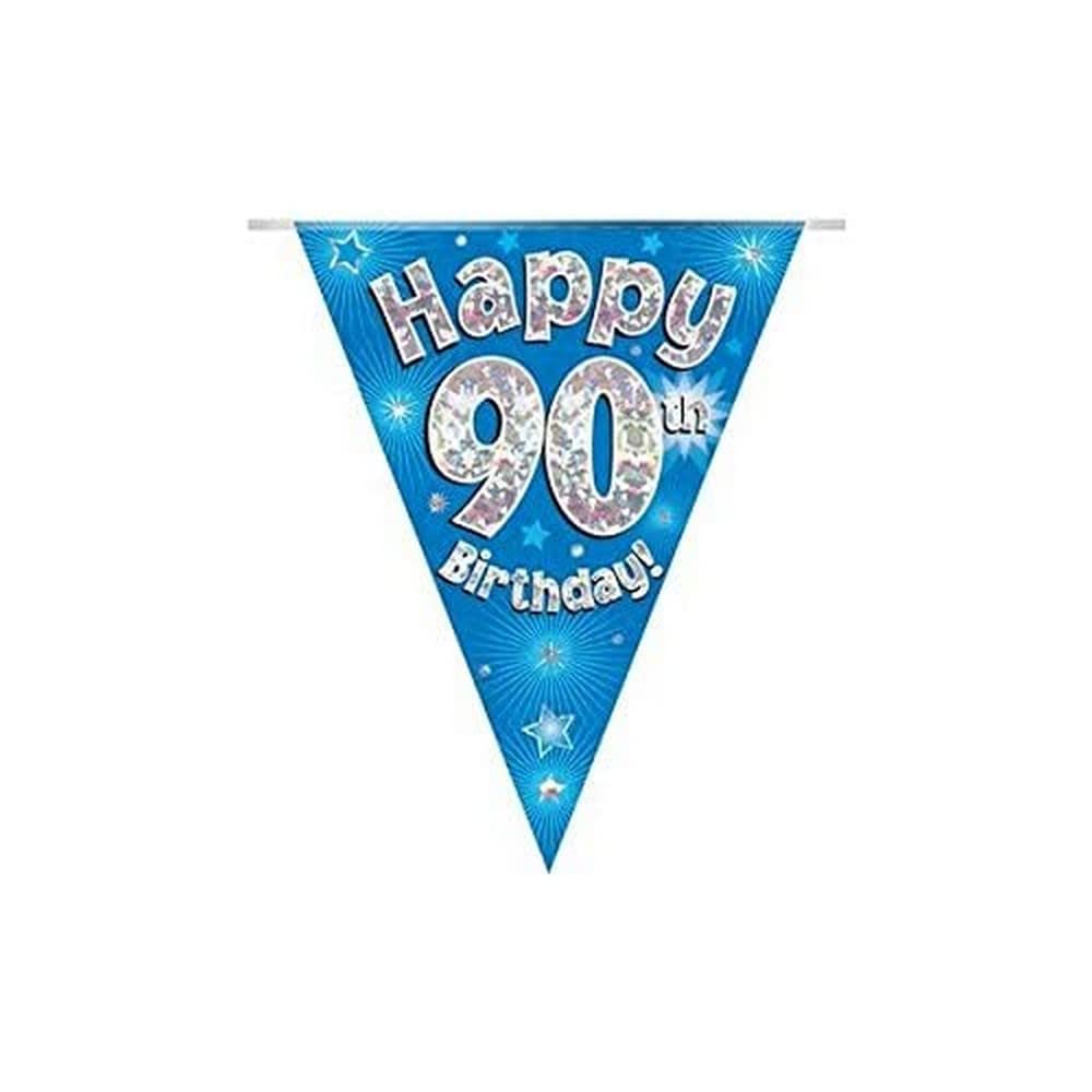Party Bunting Happy 90th Birthday Blue Holographic 11 flags 3.9m
