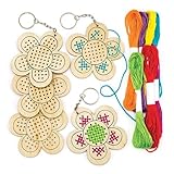 Baker Ross Flower Wooden Cross Stitch Keyring Kits Perfect for Children's Arts, Crafts and Decorating for Boys and Girls (Pack of 5)