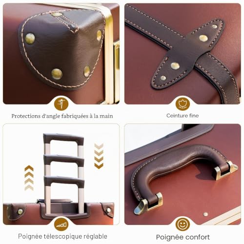urecity Vintage Suitcase with Wheels, Travel Suitcase, Light, Retro, Rigid, 2 Pieces with Small 30 cm Bag, Caramel Brown, S(12")+L(26"), Vintage