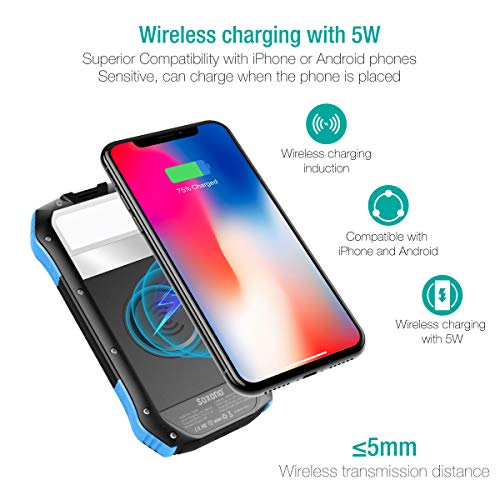 Power Bank, Soxono Solar Charger with Qi Wireless Charger and 2 USB Port Ultra Waterproof Portable Phone Charger 16000mAh External Battery Pack with 15 LEDs Flashlight for iPhone, iPad, Samsung
