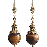 Tiger Eye Earrings Handmade Jewelry for Women Natural Gemstone Round Gold Plated Lever Backs in Gift Box
