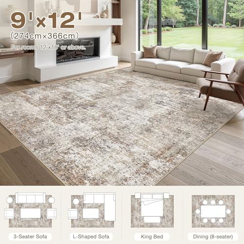 9x12 Area Rugs for Living Room: Washable Large Neutral Abstract Rug Soft Non Slip Stain Resistant Low Pile Indoor Carpet for Bedroom Dining Room Nursery Office Playroom - Brown Grey
